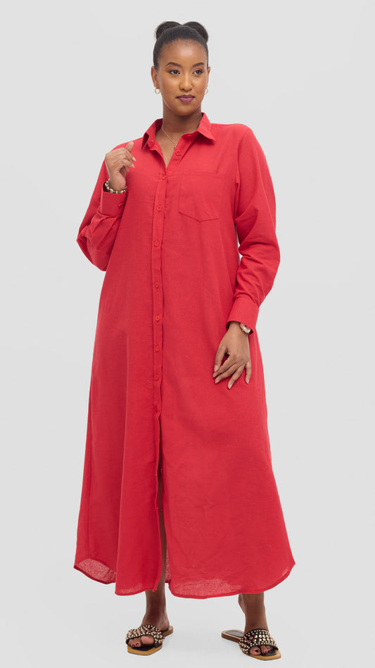 Red voyage premium linen shirt dress