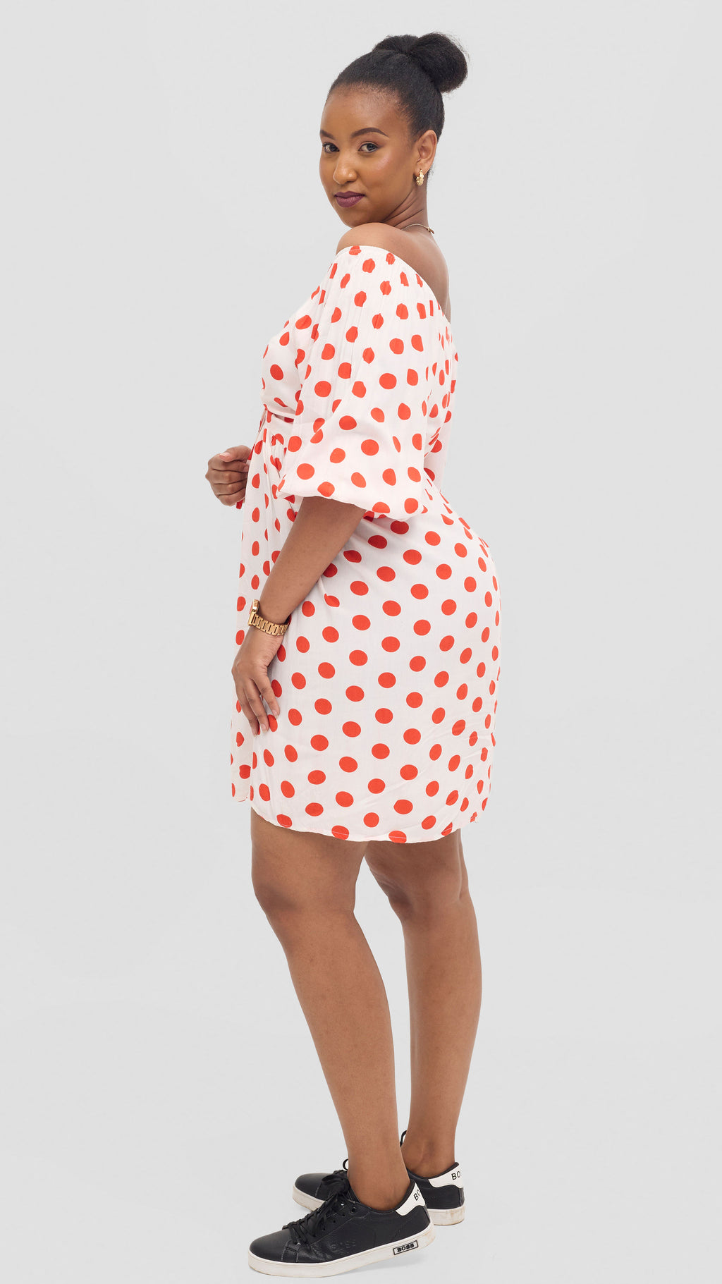 Zosa, slay  Red and white polka dot chick offshoulder