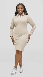 Zosa Hooded Ribbed Bodycon Hugsy Dress - Beige