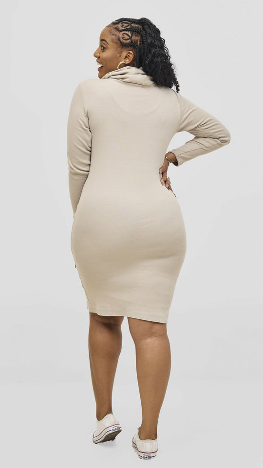 Zosa Hooded Ribbed Bodycon Hugsy Dress - Beige