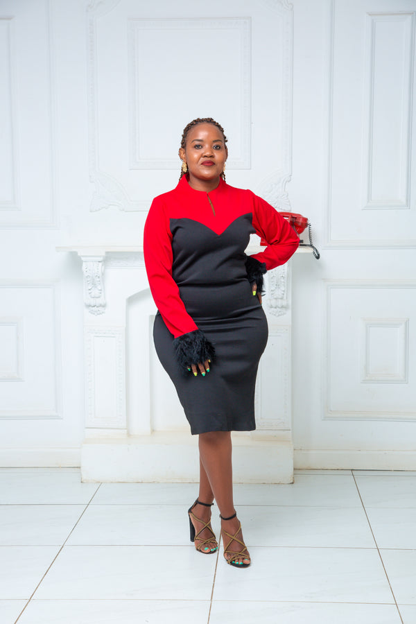 Zosa Bosselle Chinese V Neck Collar With Feathered Cuff Dress - Black / Red