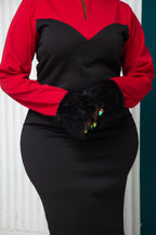 Zosa Bosselle Chinese V Neck Collar With Feathered Cuff Dress - Black / Red