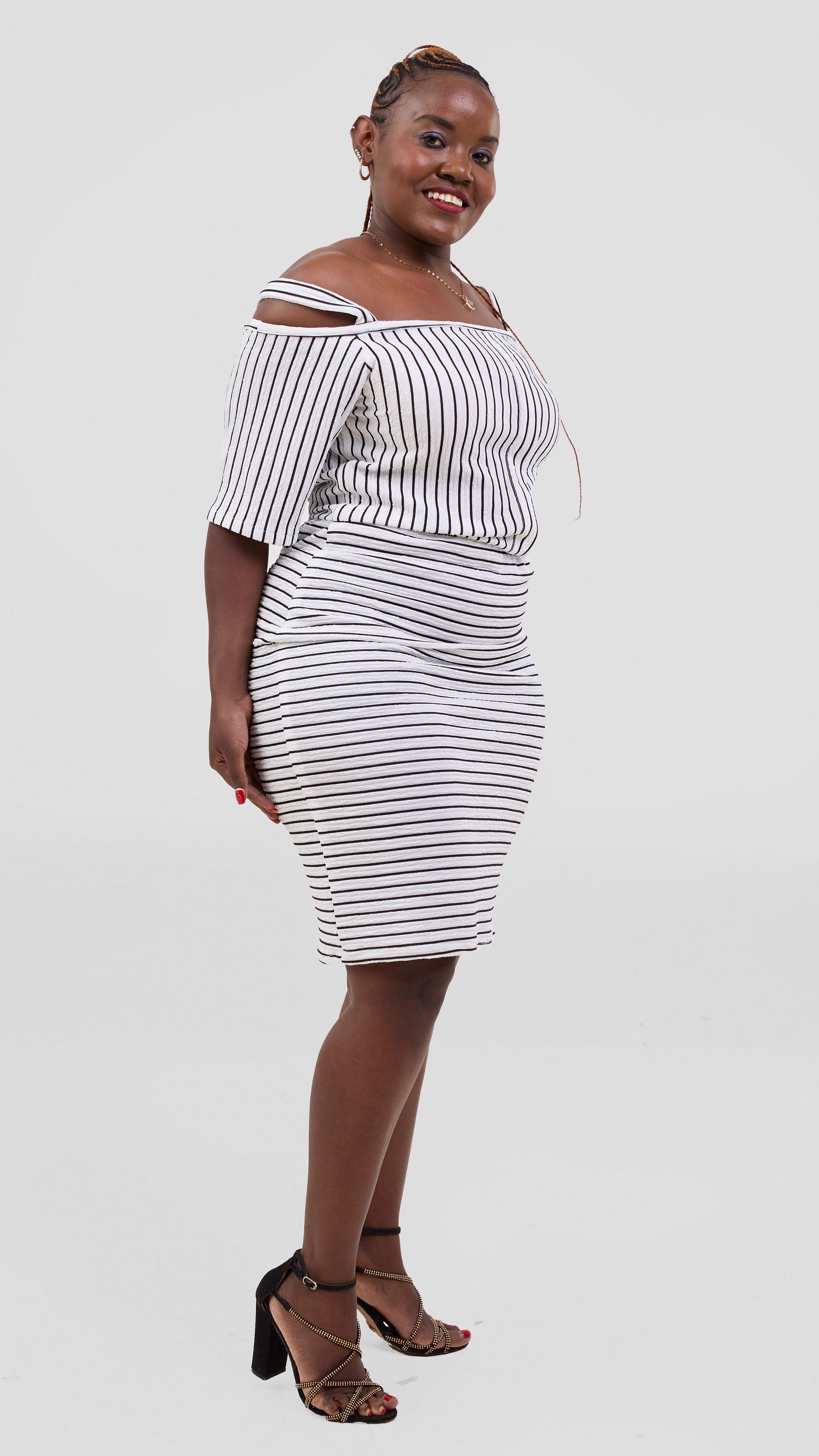 Zosa black and white stripped off shoulder midi dress