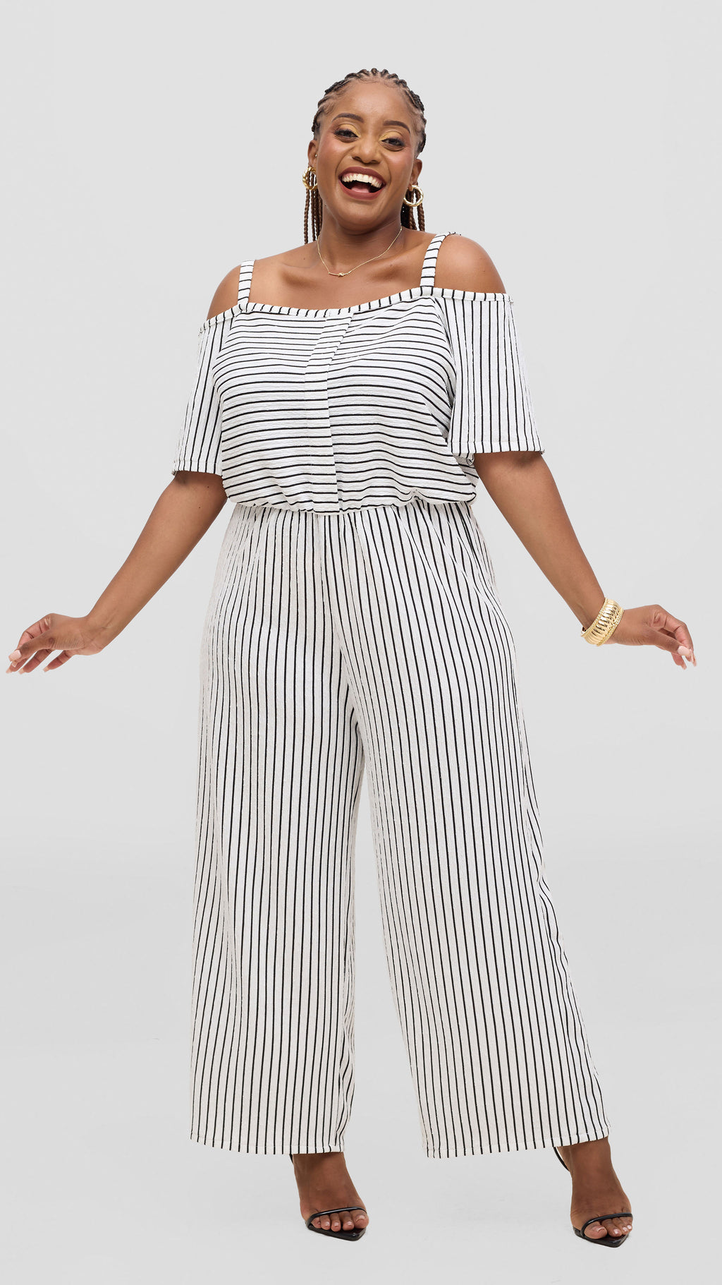 Zosa Plus Size Black & White Striped Off-Shoulder Wide Leg Palazzo Jumpsuit for Women