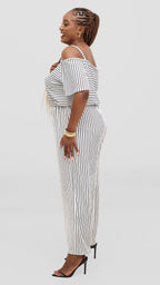 Zosa Plus Size Black & White Striped Off-Shoulder Wide Leg Palazzo Jumpsuit for Women