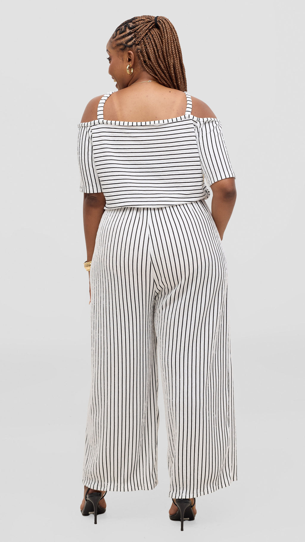 Zosa Plus Size Black & White Striped Off-Shoulder Wide Leg Palazzo Jumpsuit for Women