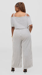 Zosa Plus Size Black & White Striped Off-Shoulder Wide Leg Palazzo Jumpsuit for Women