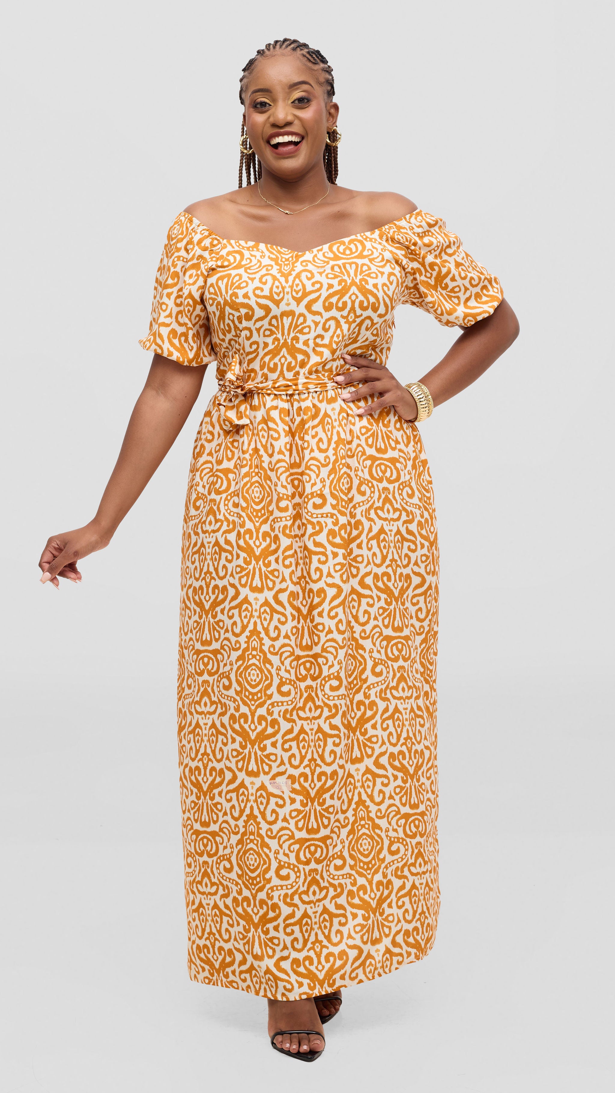 Mustard Orange Off-Shoulder Maxi Dress – Easy Free Bohemian Summer Dress for Women