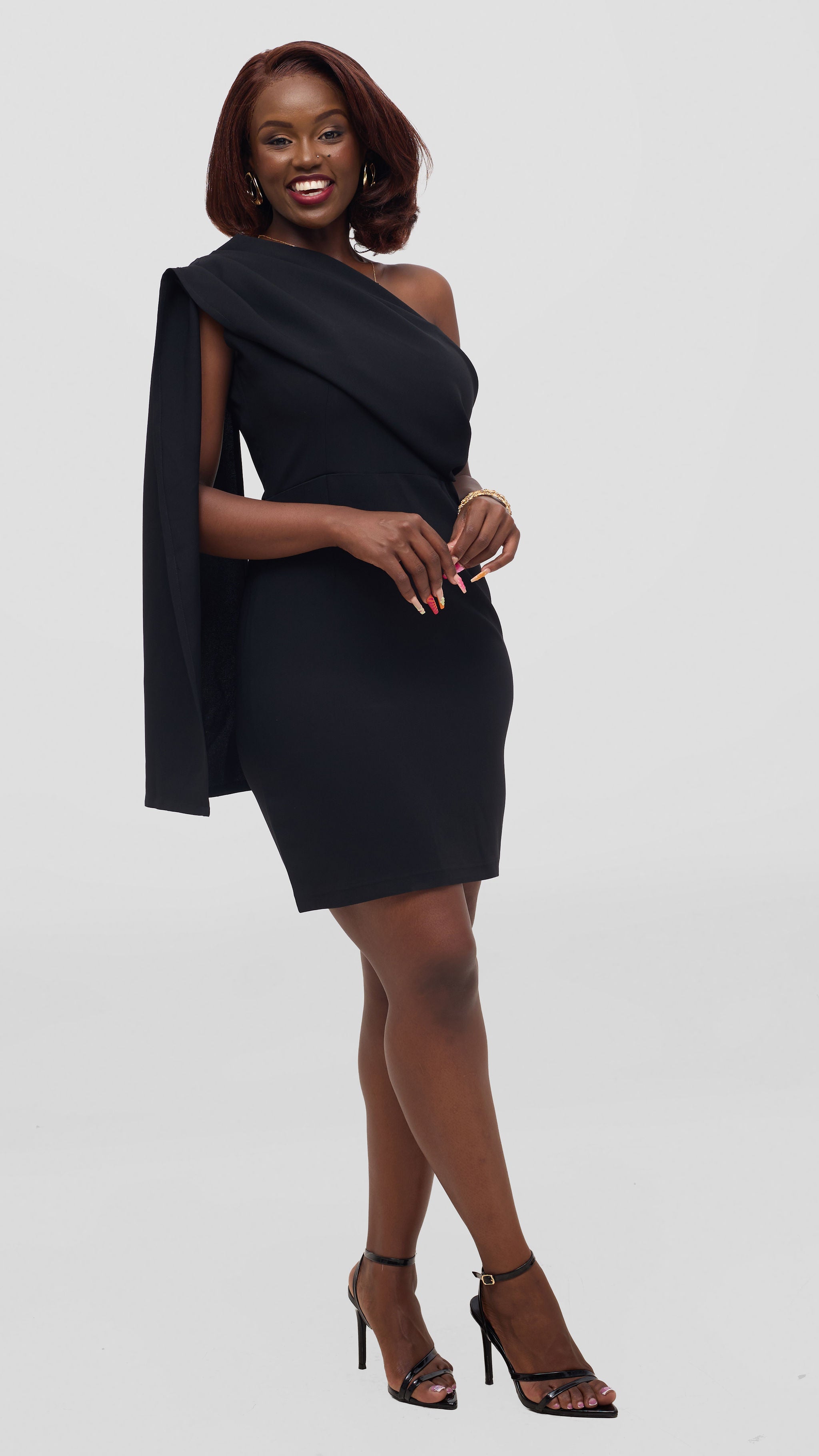 knee length business casual cape dress  -black