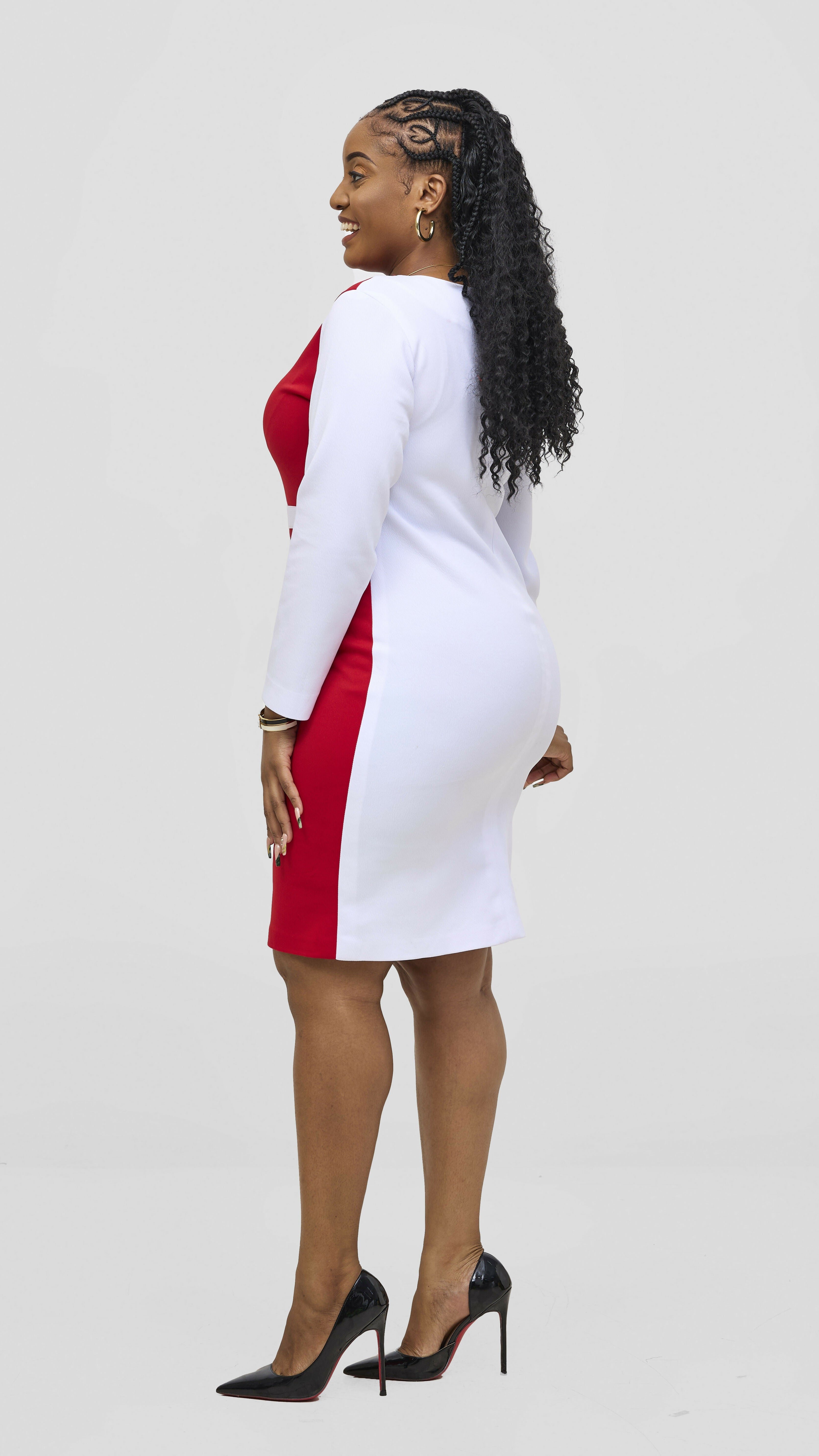 zosa Bosselle Asymmetrical Bust Line Dress – White / Red | Cotton Lycra Bodycon
