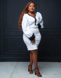 WHITE AND BLACK WITH FEATERS BOSSELLE OFFICIAL DRESS